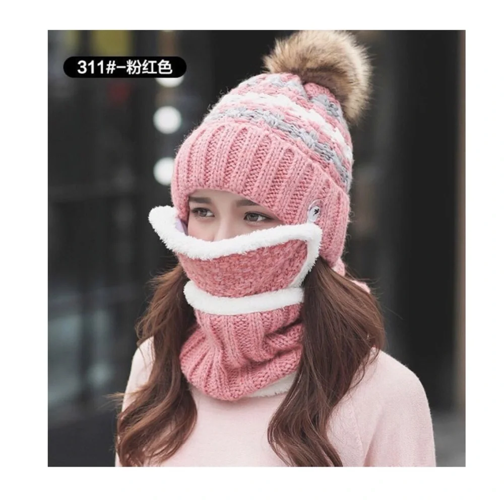 KNIT BEANIE HAT MASK NECK WARMER SCARF